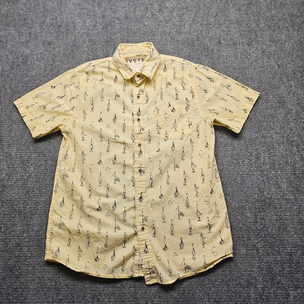 VSTR Premium Mens Small Yellow Fishing Lure Print Short Sleeve Button Down Shirt